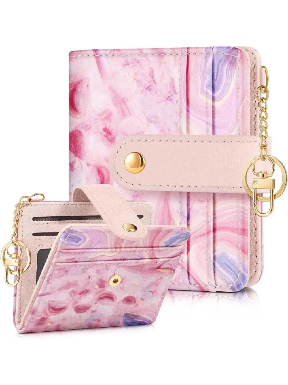 Chic Pink Agate Small Card Wallet with Keychain for Women - Stylish & Functional